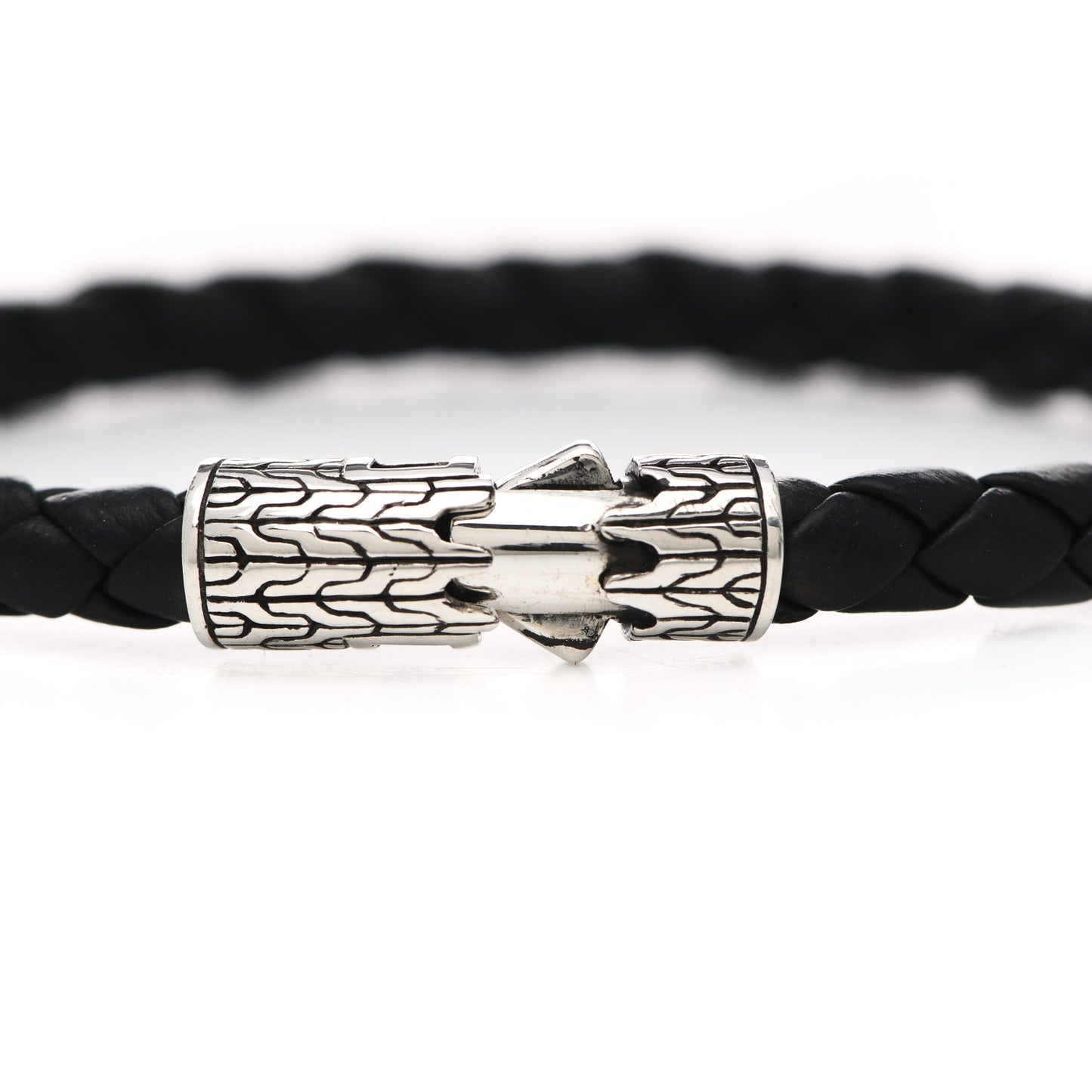 Sterling Silver Leather 5.5mm Classic Chain Station Bracelet Black