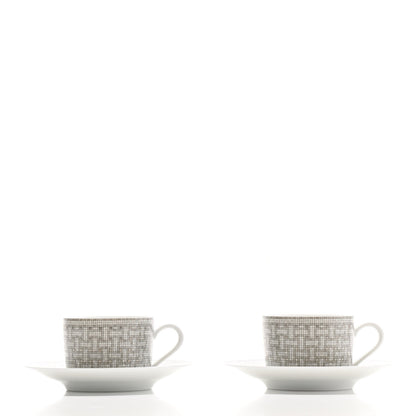 Hermes Porcelain Mosaique Au 24 Platine Tea Cup And Saucer Set Of 2 Platinum 3 of 7