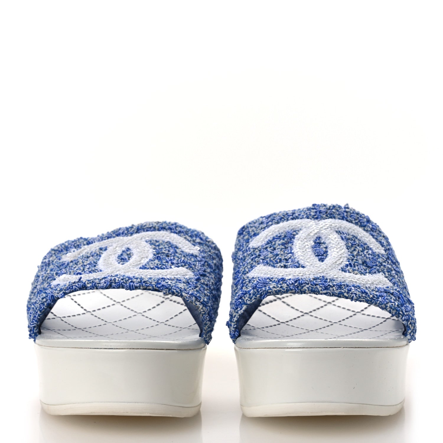 Chanel Tweed Sequin Patent Calfskin CC Mule Sandals 41 Blue White 3 of 12