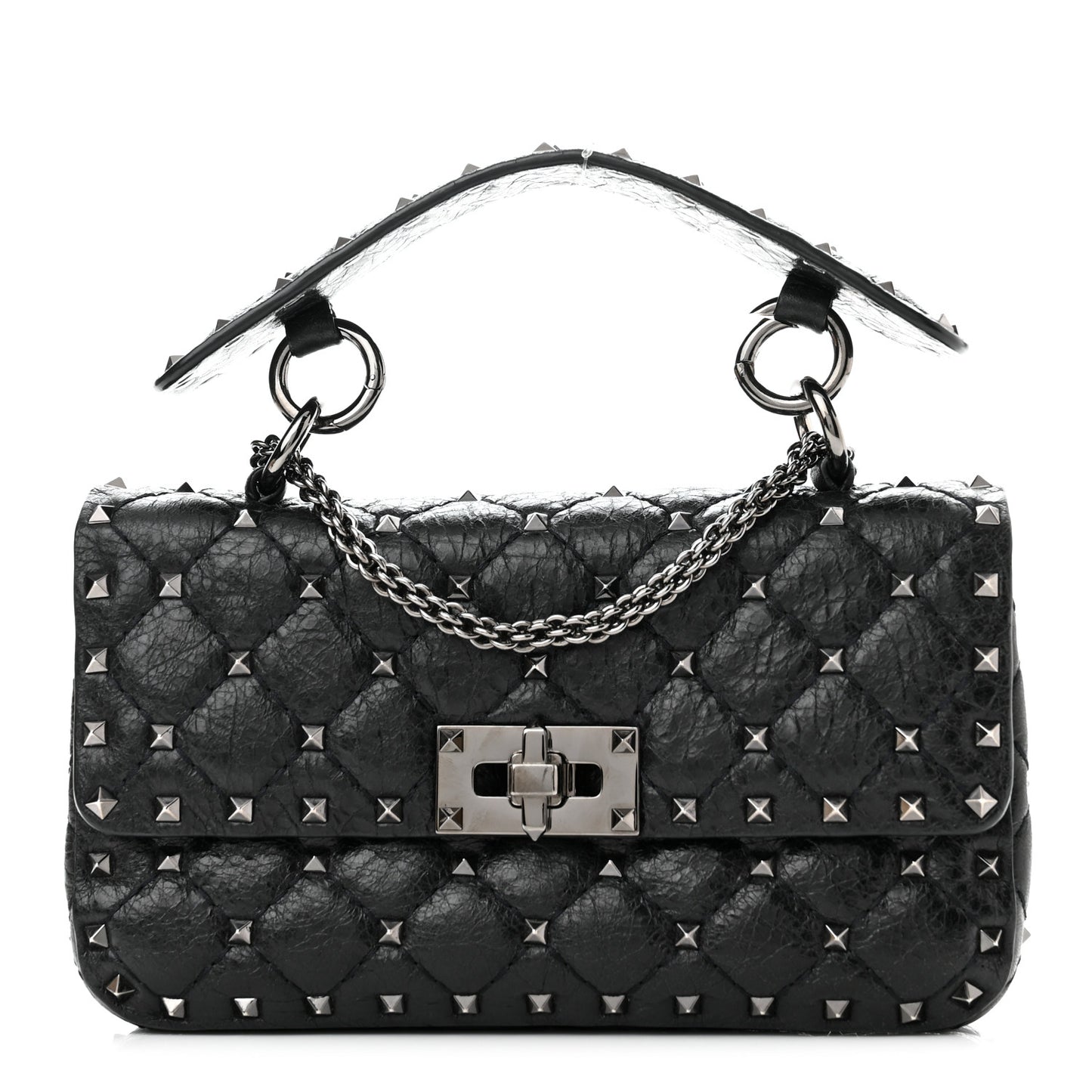 Craquele Nappa Small Rockstud Spike Shoulder Bag Black