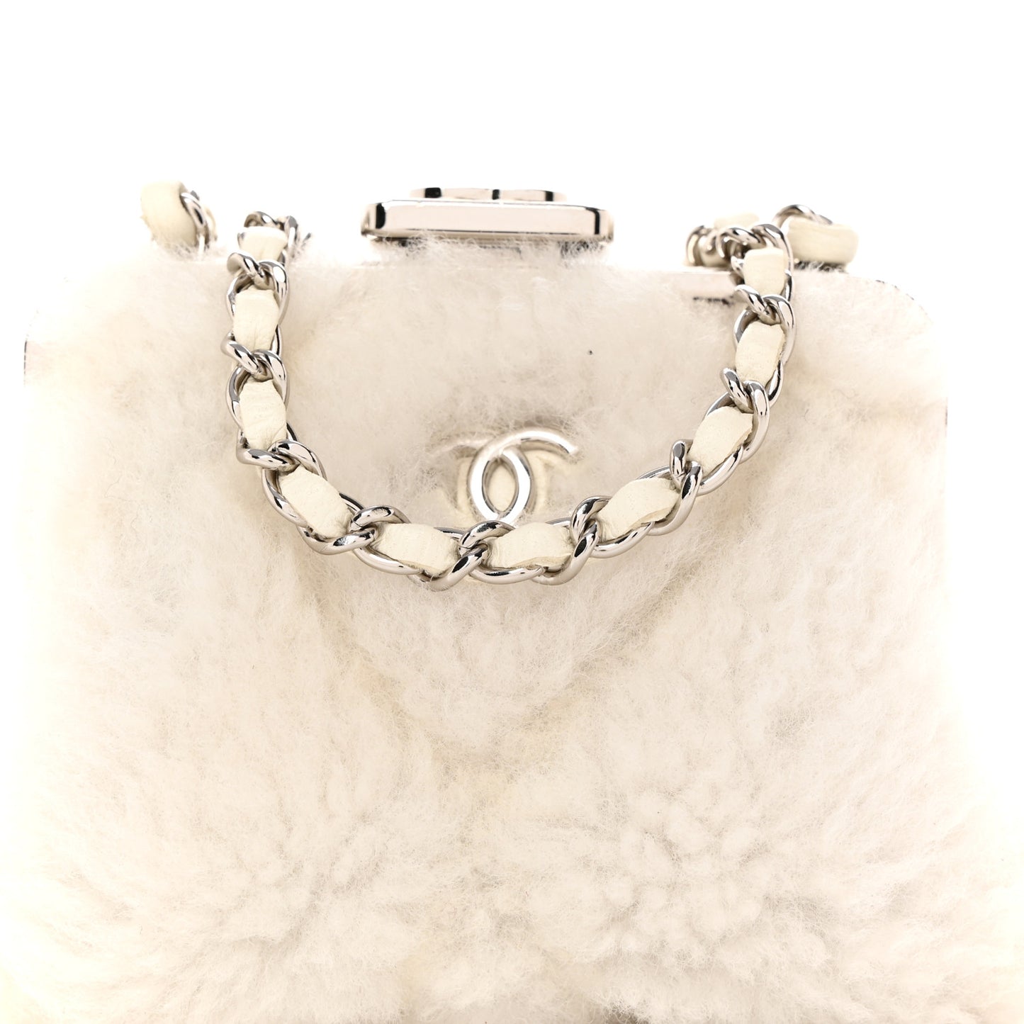 Shearling Sheepskin Lambskin Quilted Clutch With Chain White
