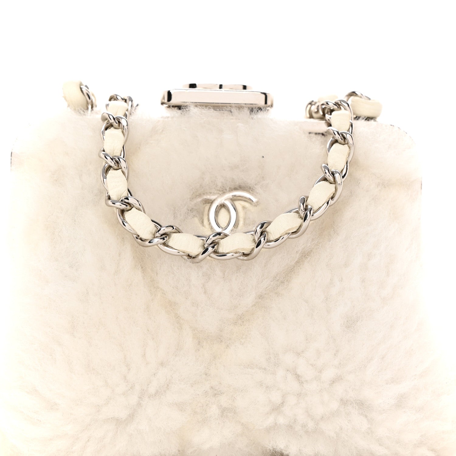 Chanel Shearling Sheepskin Lambskin Quilted Clutch With Chain White 8 of 10