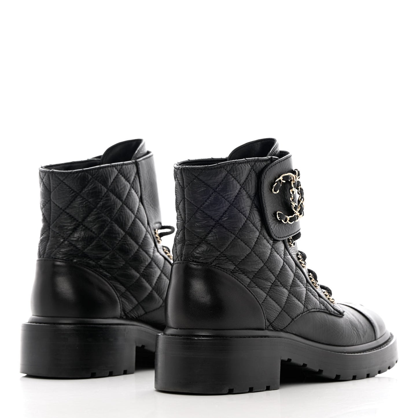 Shiny Calfskin Quilted Lace Up Combat Boots 37 Black