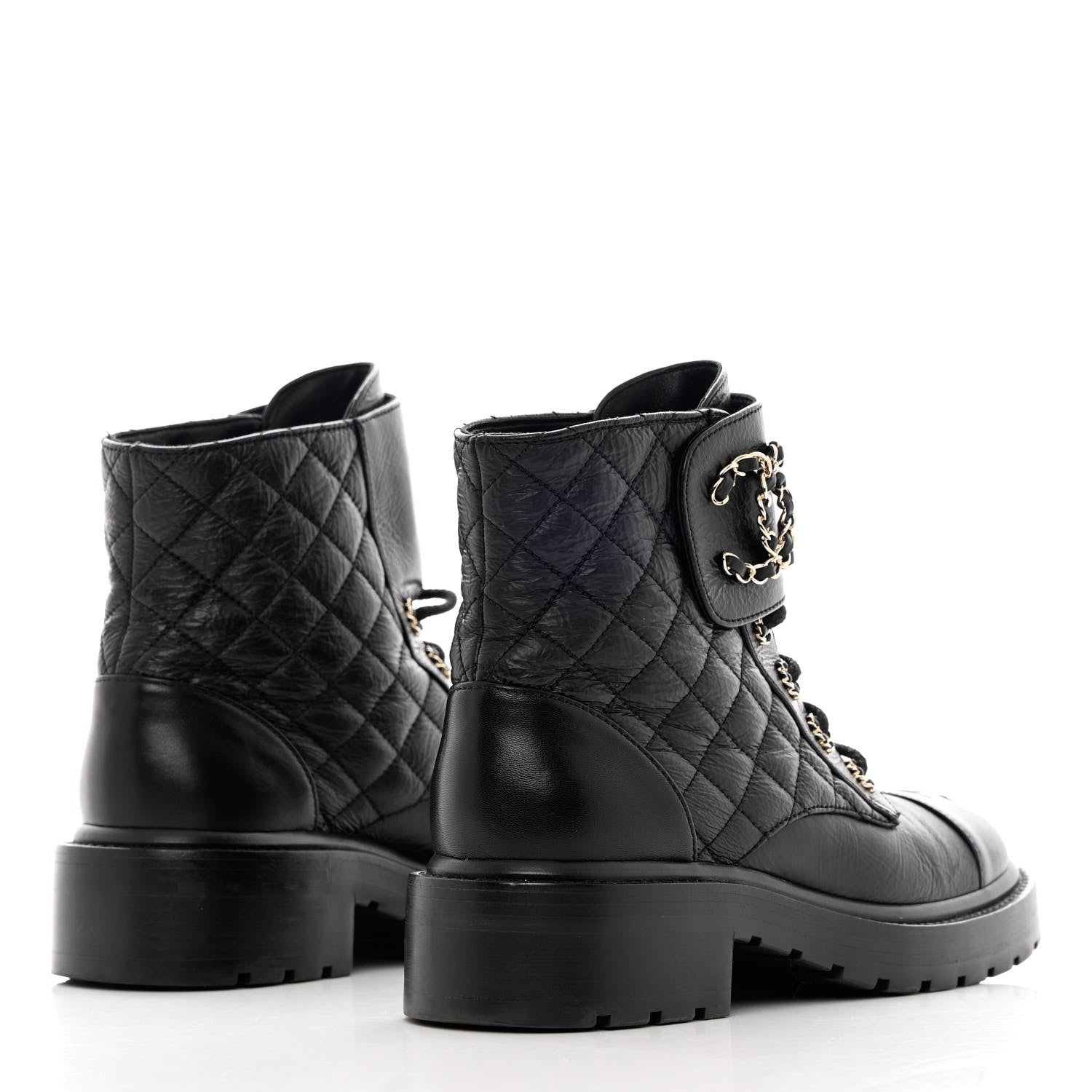 Chanel Shiny Calfskin Quilted Lace Up Combat Boots 37 Black 4 of 13