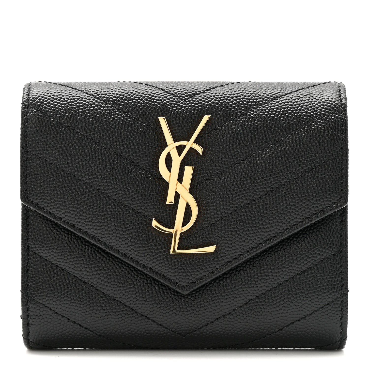 Saint Laurent Grain De Poudre Matelasse Chevron Monogram Compact Tri Fold Wallet Black 1 of 7