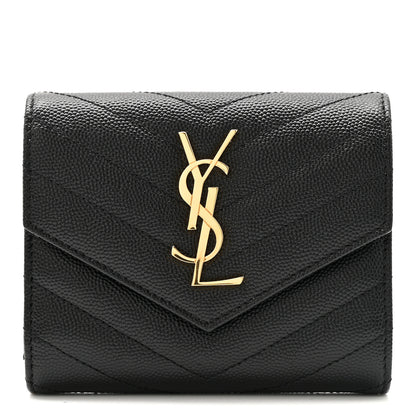 Saint Laurent Grain De Poudre Matelasse Chevron Monogram Compact Tri Fold Wallet Black 1 of 7