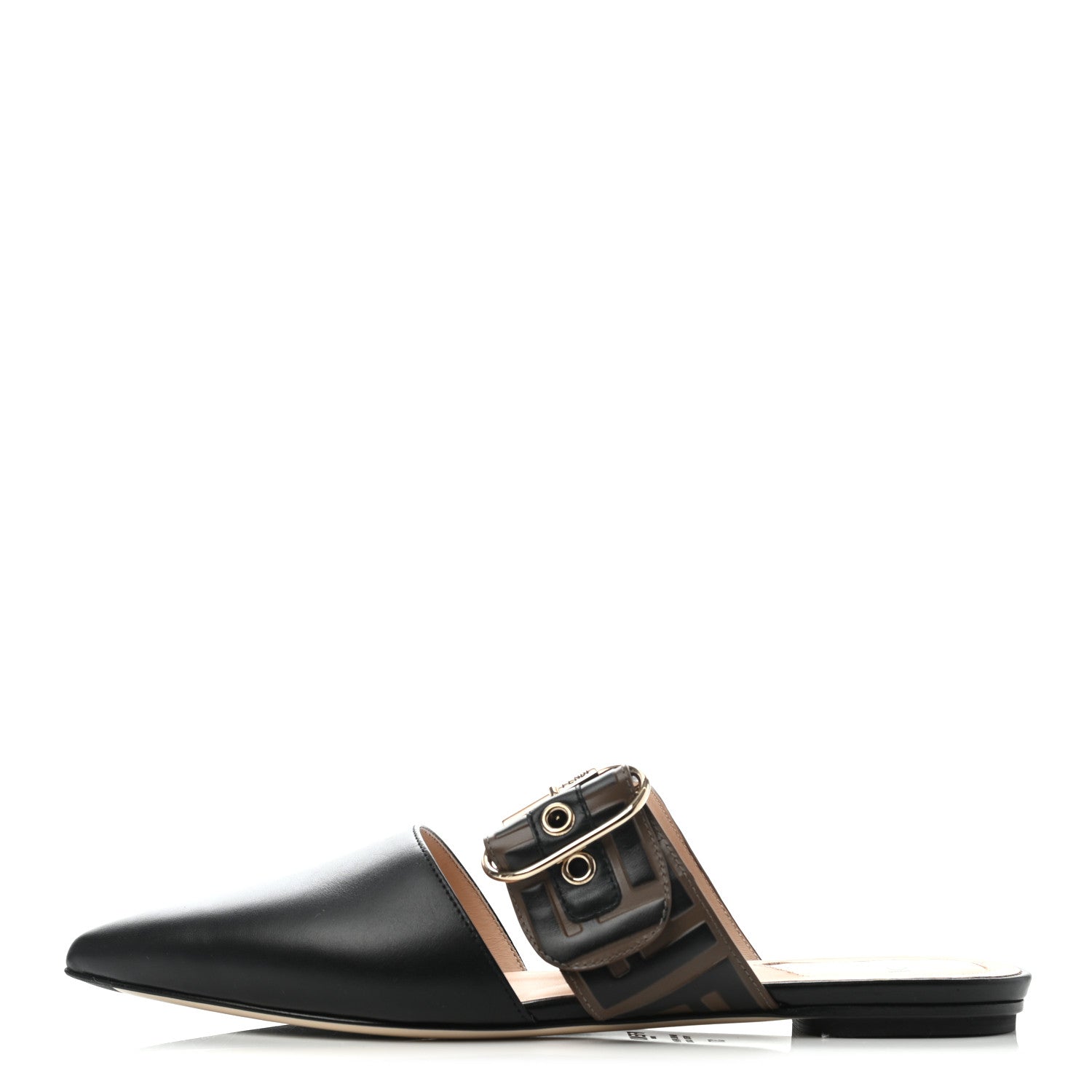 Fendi Vitello FF Embossed Buckle Flat Mules 37 Maya Black 1 of 7