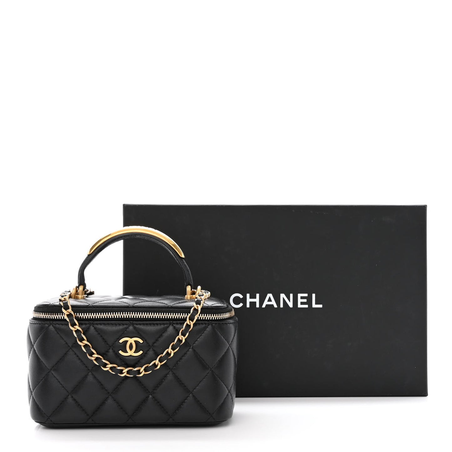 Lambskin Quilted Metal Small Top Handle Vanity Case With Chain Black