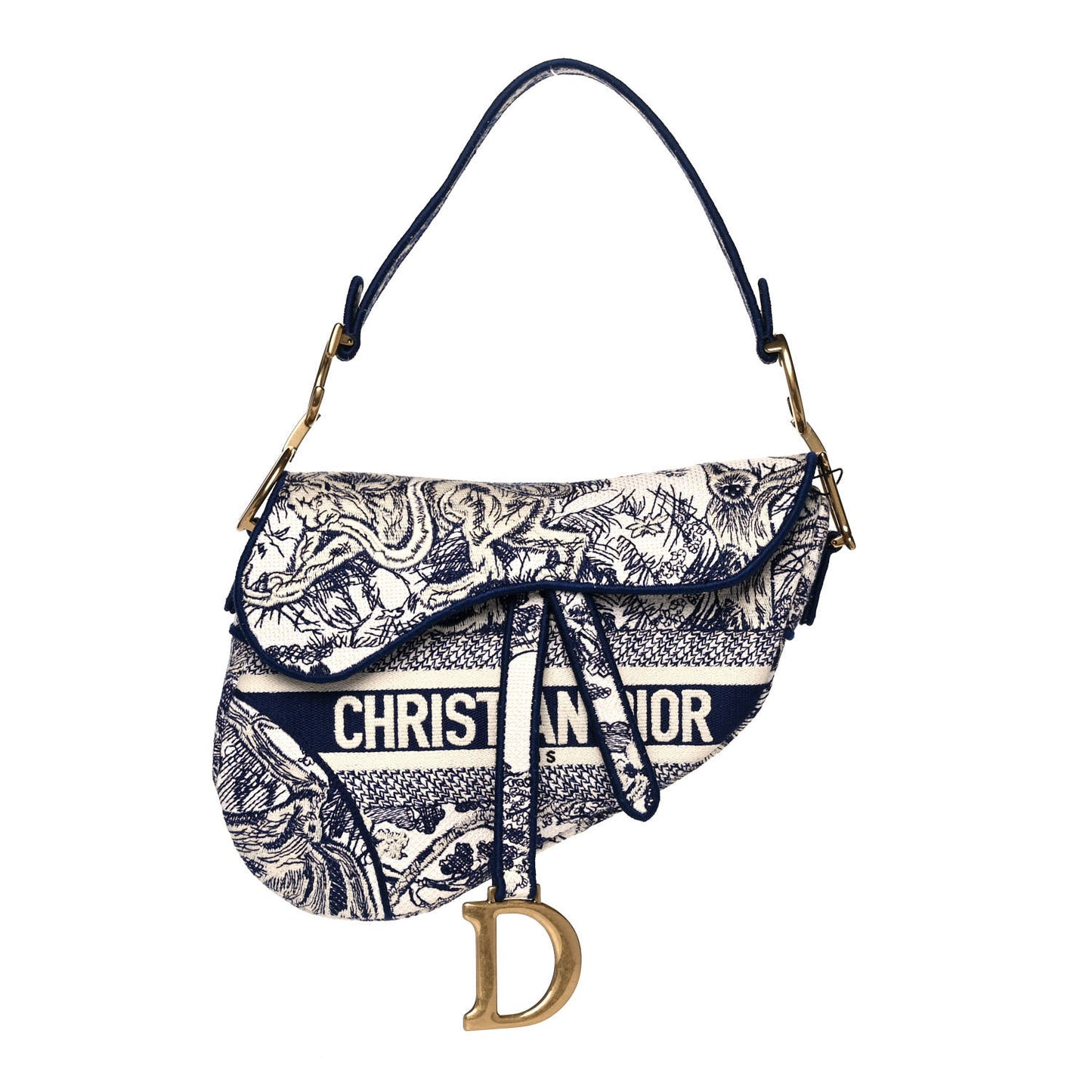 Canvas Embroidered Toile de Jouy Saddle Bag Blue