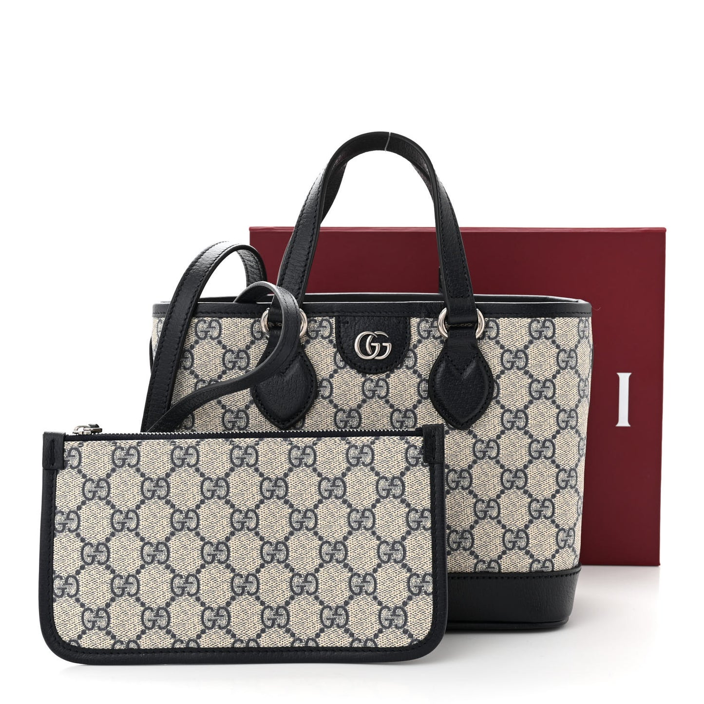 GG Supreme Monogram Textured Dollar Calfskin Mini Ophidia Shoulder Tote Bag Beige Blue