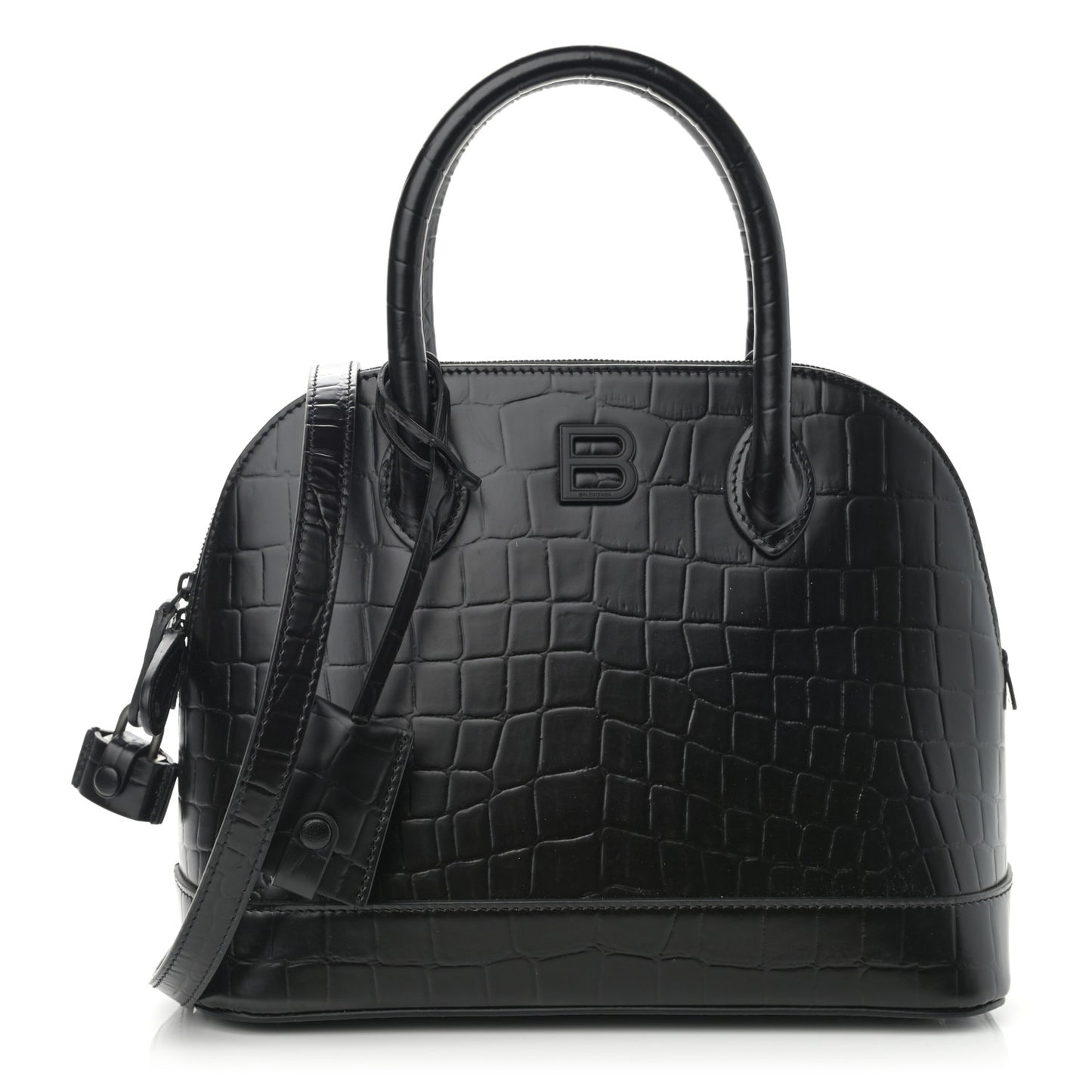 Calfskin Crocodile Embossed S Rivet Ville Top Handle Bag Black