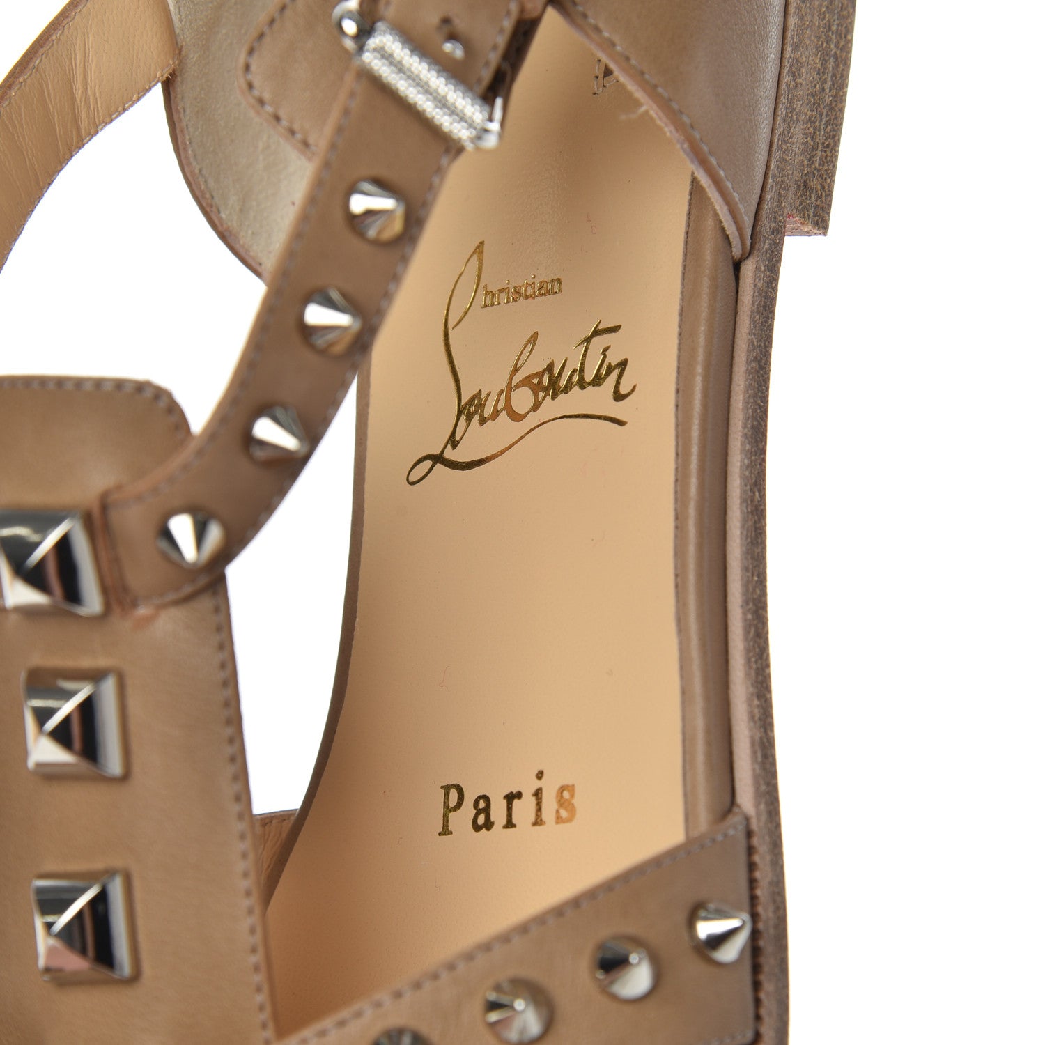 Christian Louboutin Calfskin Loubiclou Studded Cage Flat Sandals 37.5 Beige 6 of 10