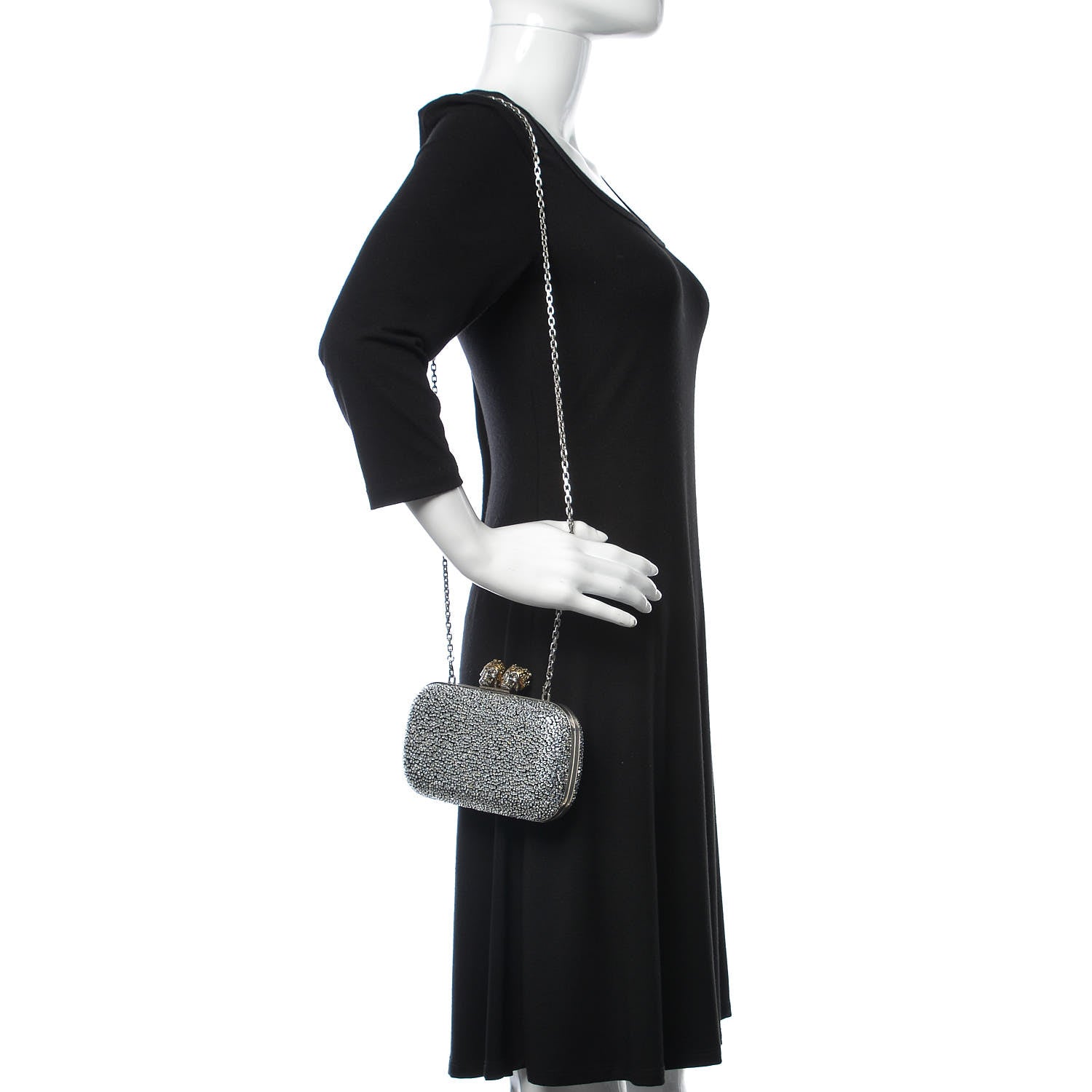 Alexander McQueen Crystal Nappa Queen and King Skull Box Chain Clutch Black Silver 2 of 13