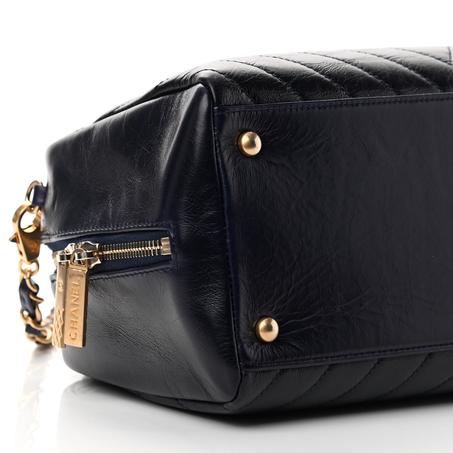 Glazed Calfskin Chevron Small Bowling Bag Navy