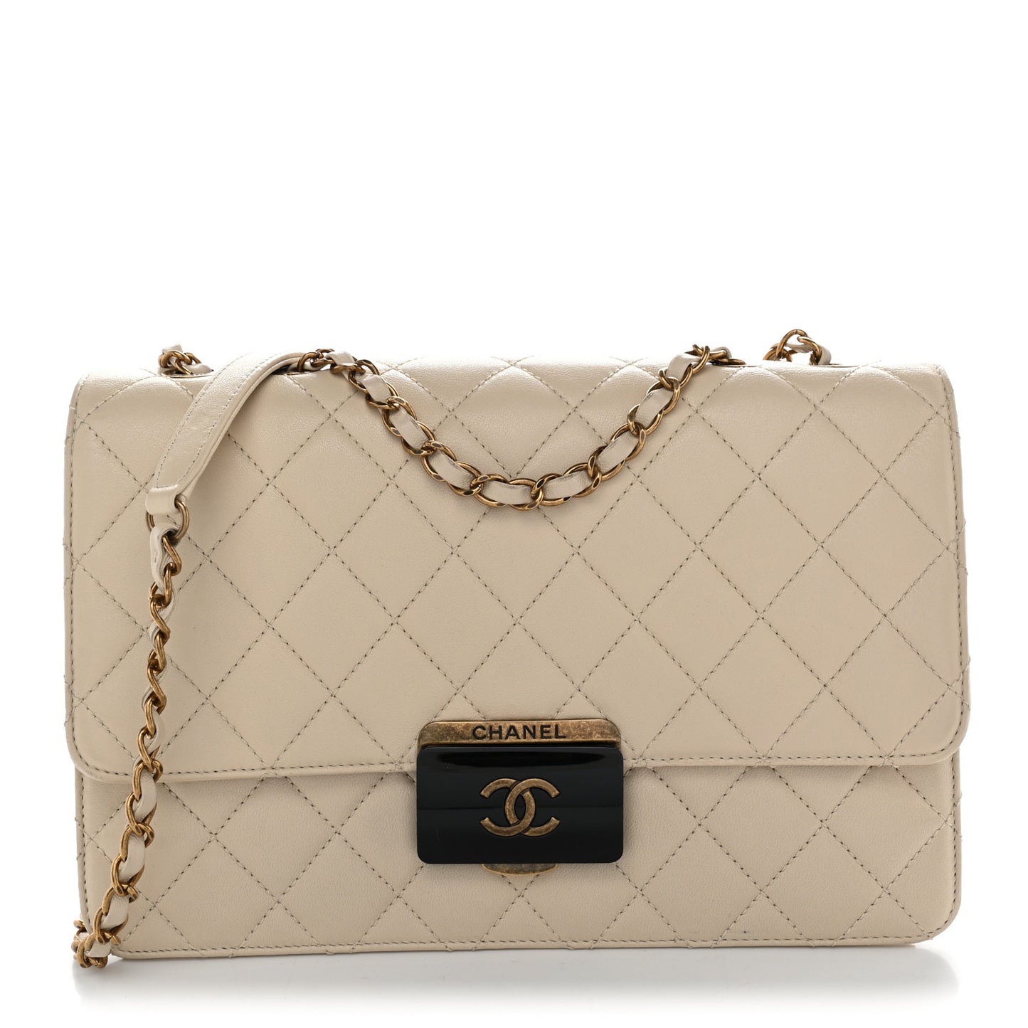 Sheepskin Quilted Large Beauty Lock Flap Light Beige