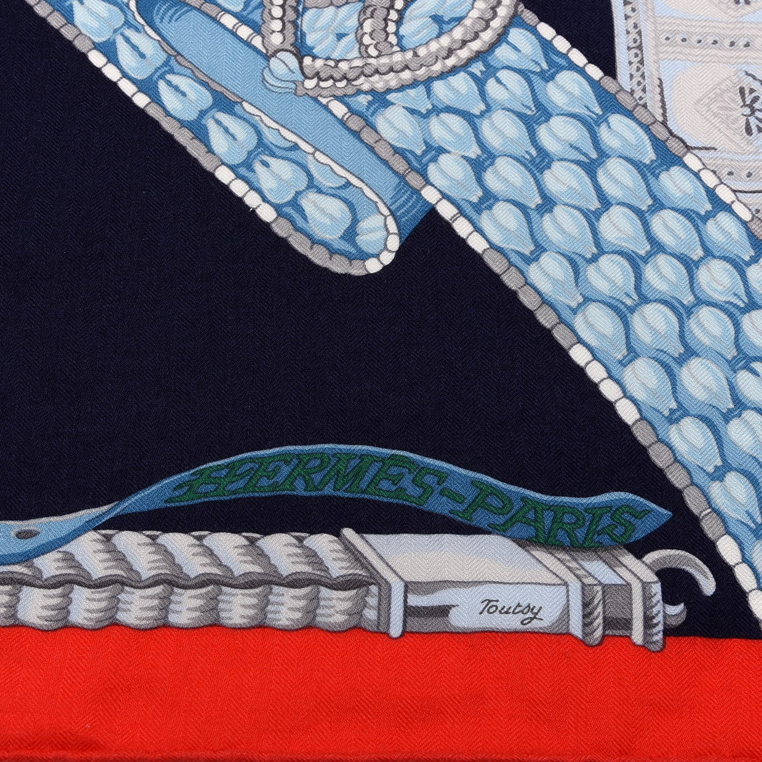 Hermes Cashmere Silk Ceintures Et Liens Shawl 140 Rouge Marine Bleu 2 of 4