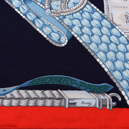 Hermes Cashmere Silk Ceintures Et Liens Shawl 140 Rouge Marine Bleu 2 of 4