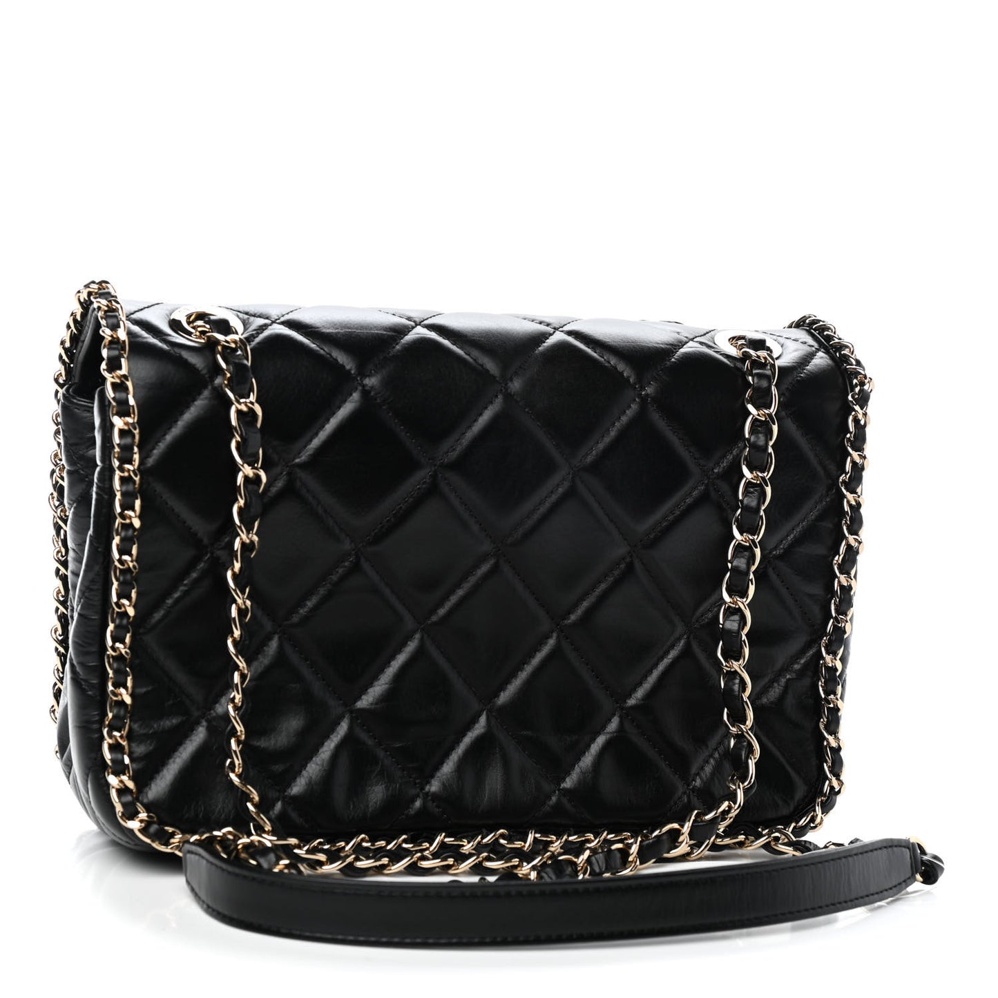 Crumpled Calfskin Medium Chain All Over Flap Black
