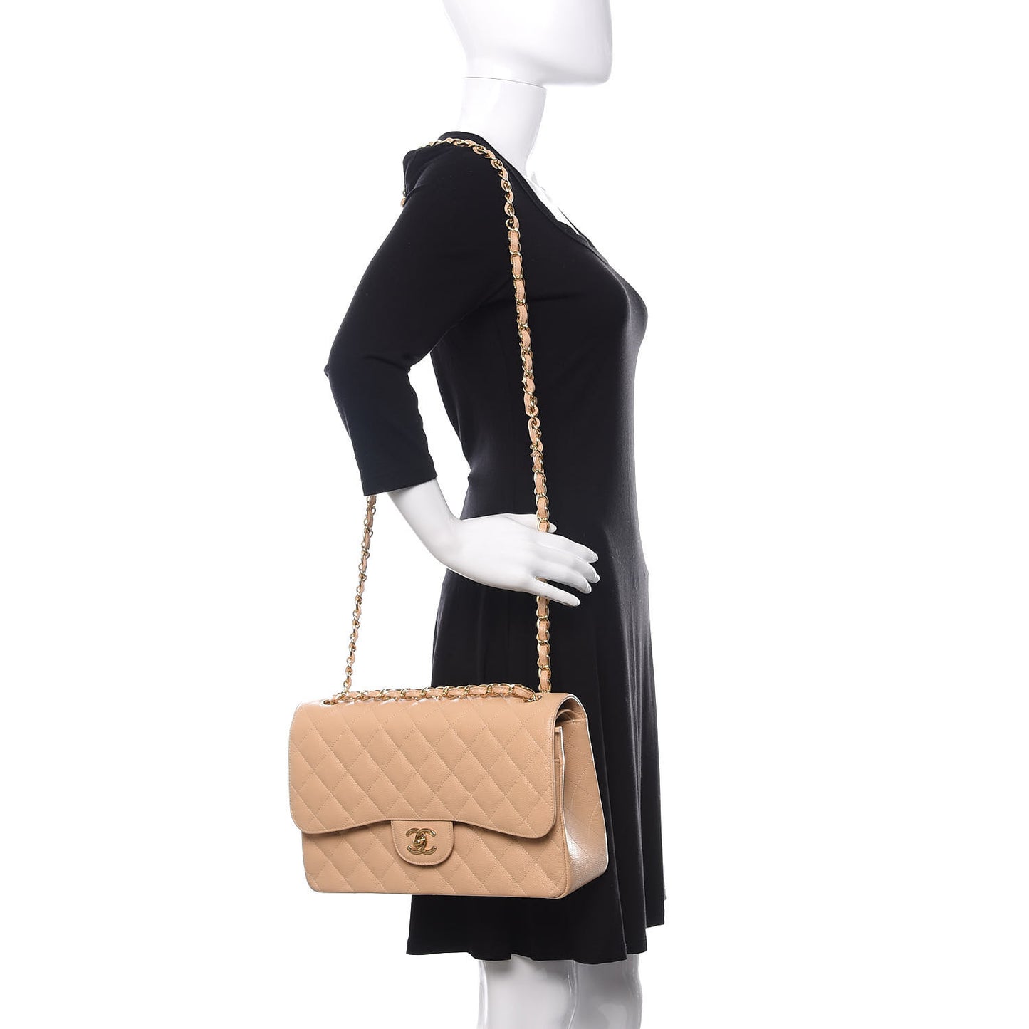 Caviar Quilted Jumbo Double Flap Beige