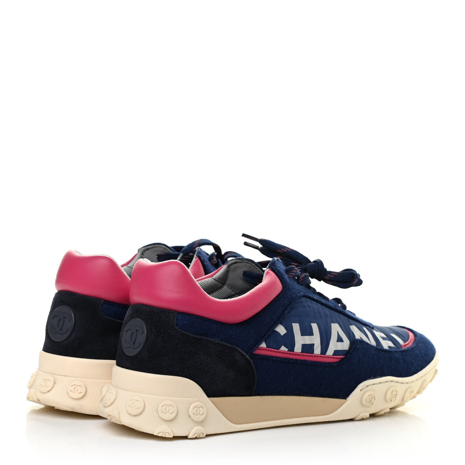 Chanel Nylon Calfskin Suede Womens Logo Sneakers 41 Navy Pink 4 of 7