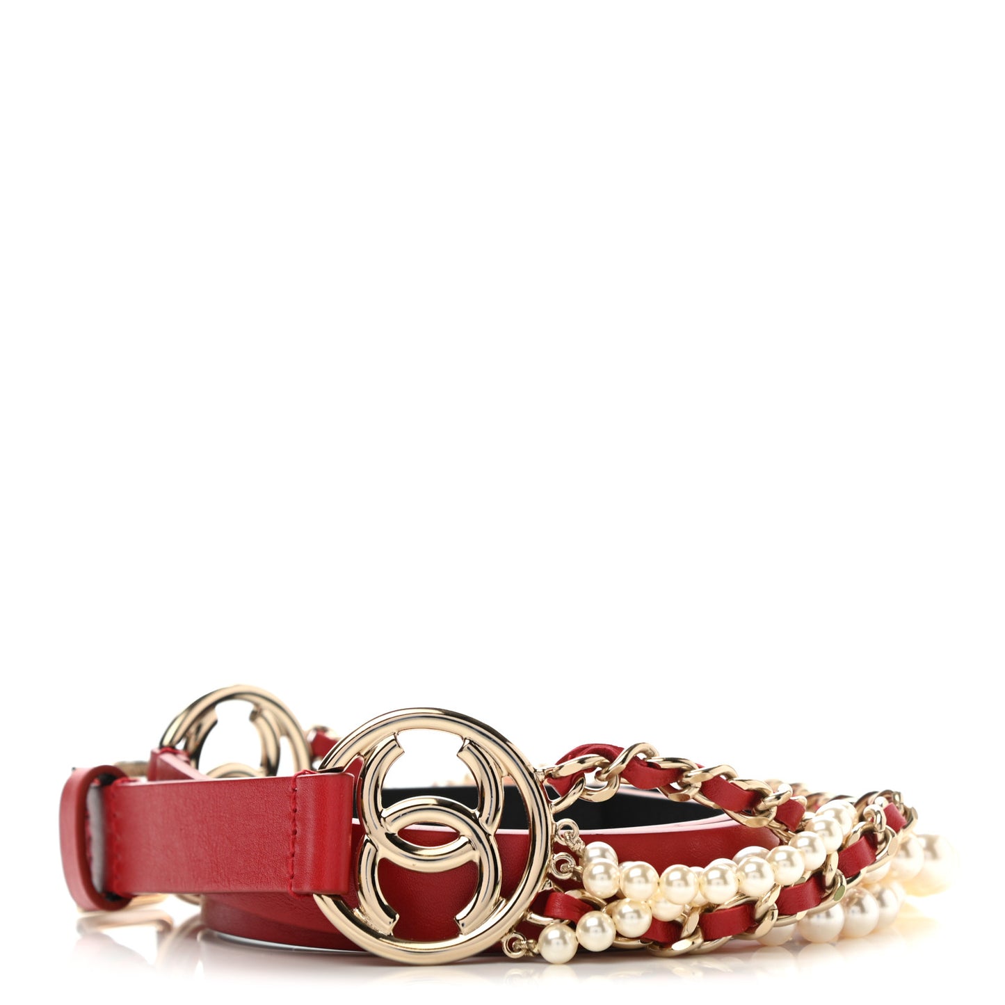 Calfskin CC Pearl Chain Belt 80 32 Red