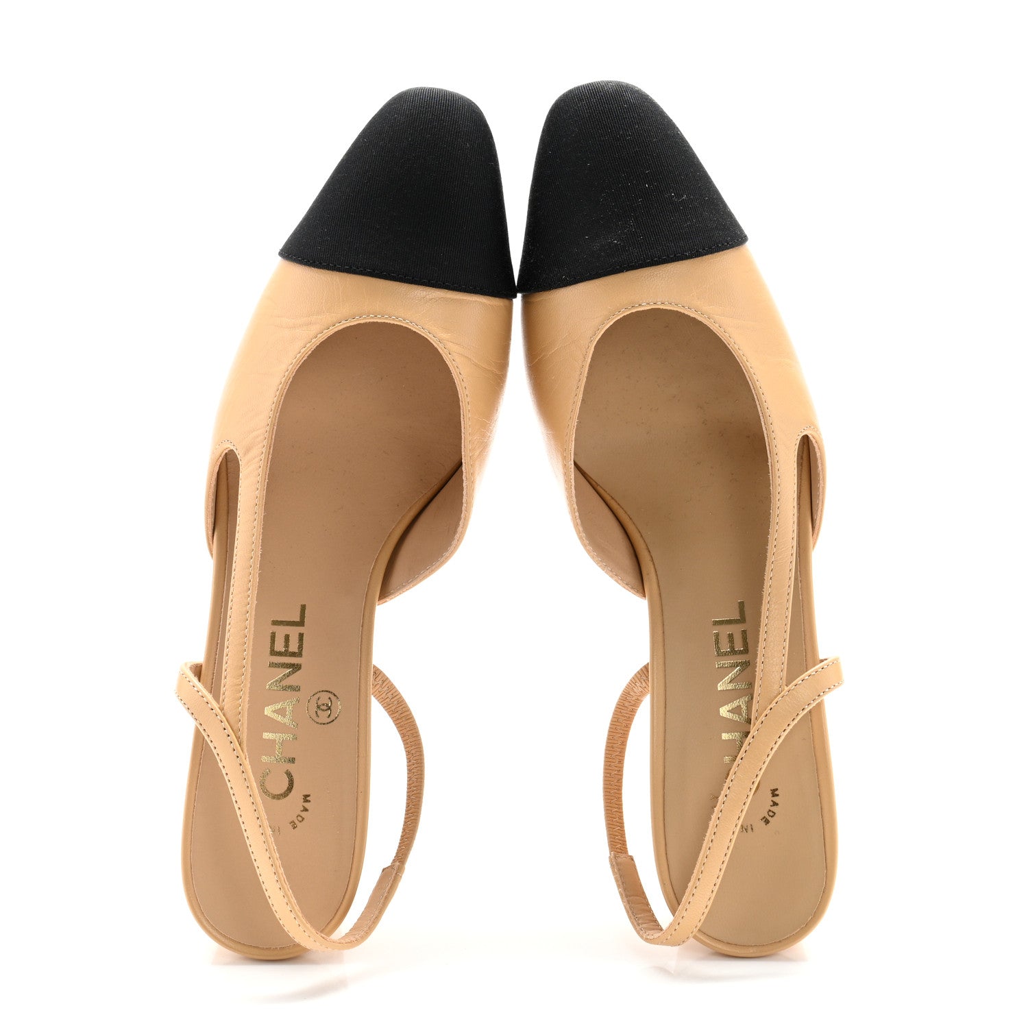 Chanel Goatskin Grosgrain Cap Toe CC Slingback Pumps 37 Beige