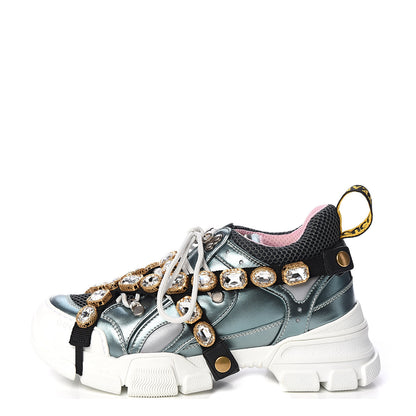 Gucci X SEGA Metallic Calfskin Removable Crystals Womens Flashtrek Sneakers 38 Lago Loess Silver 1 of 10