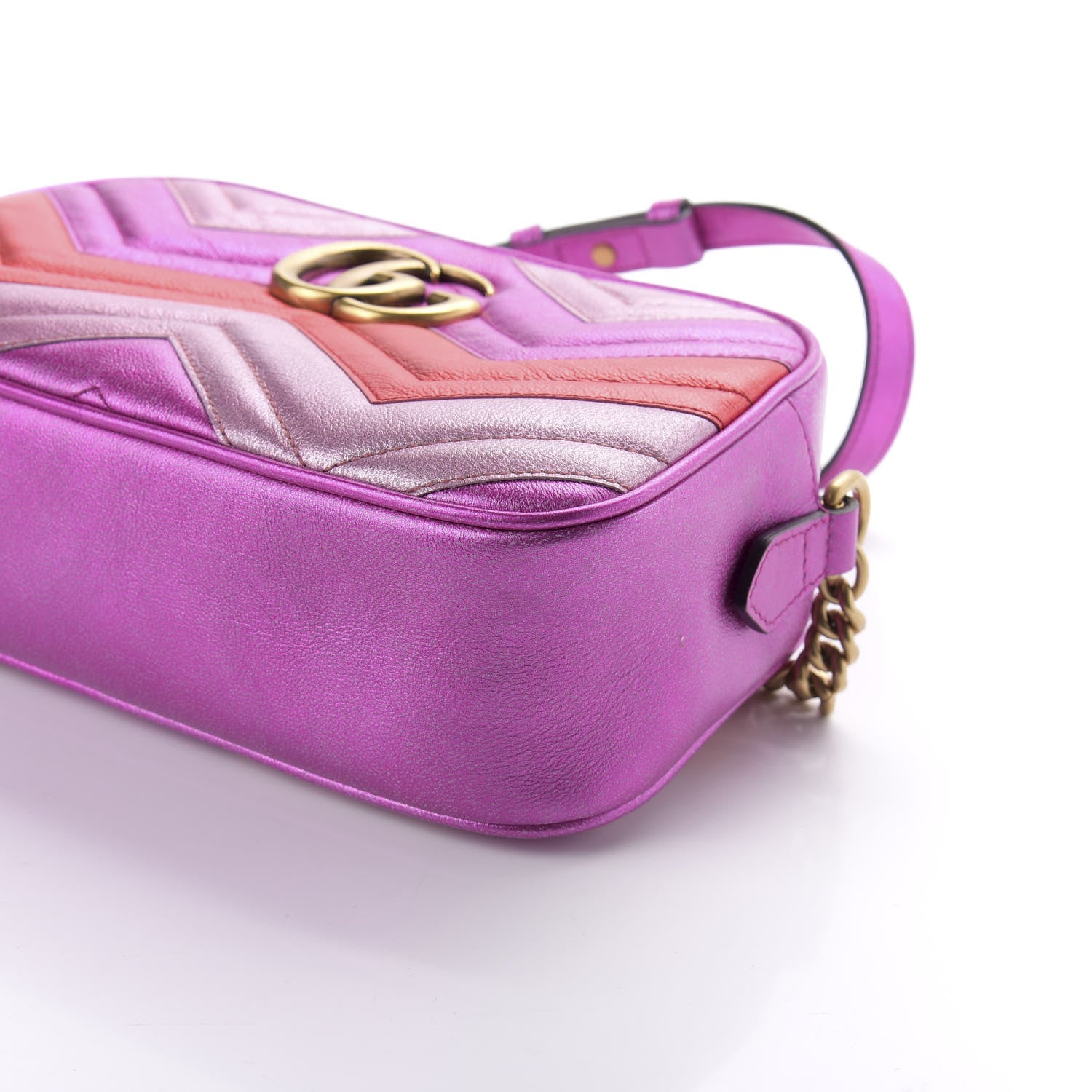 Gucci Laminated Nappa Matelasse Small GG Marmont Chain Shoulder Bag Fuxia Rosso Rosa 9 of 9