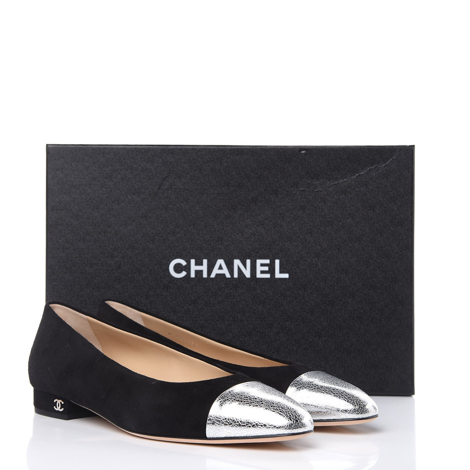 Chanel Kid Suede Metallic Lambskin Cap Toe Ballerina Flats 38.5 Silver Black 9 of 9
