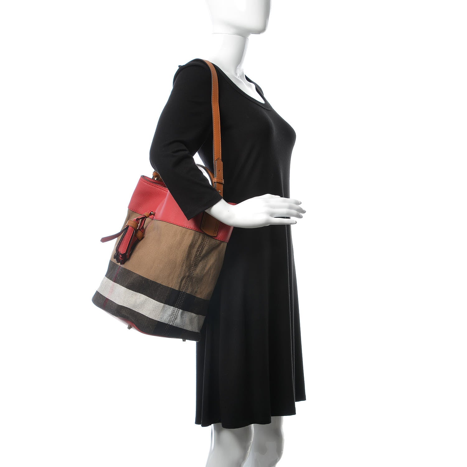 Burberry Grainy Calfskin Canvas Mega Check Medium Ashby Tassel Hobo Pink Azalea 3 of 11