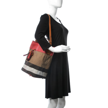 Burberry Grainy Calfskin Canvas Mega Check Medium Ashby Tassel Hobo Pink Azalea 3 of 11