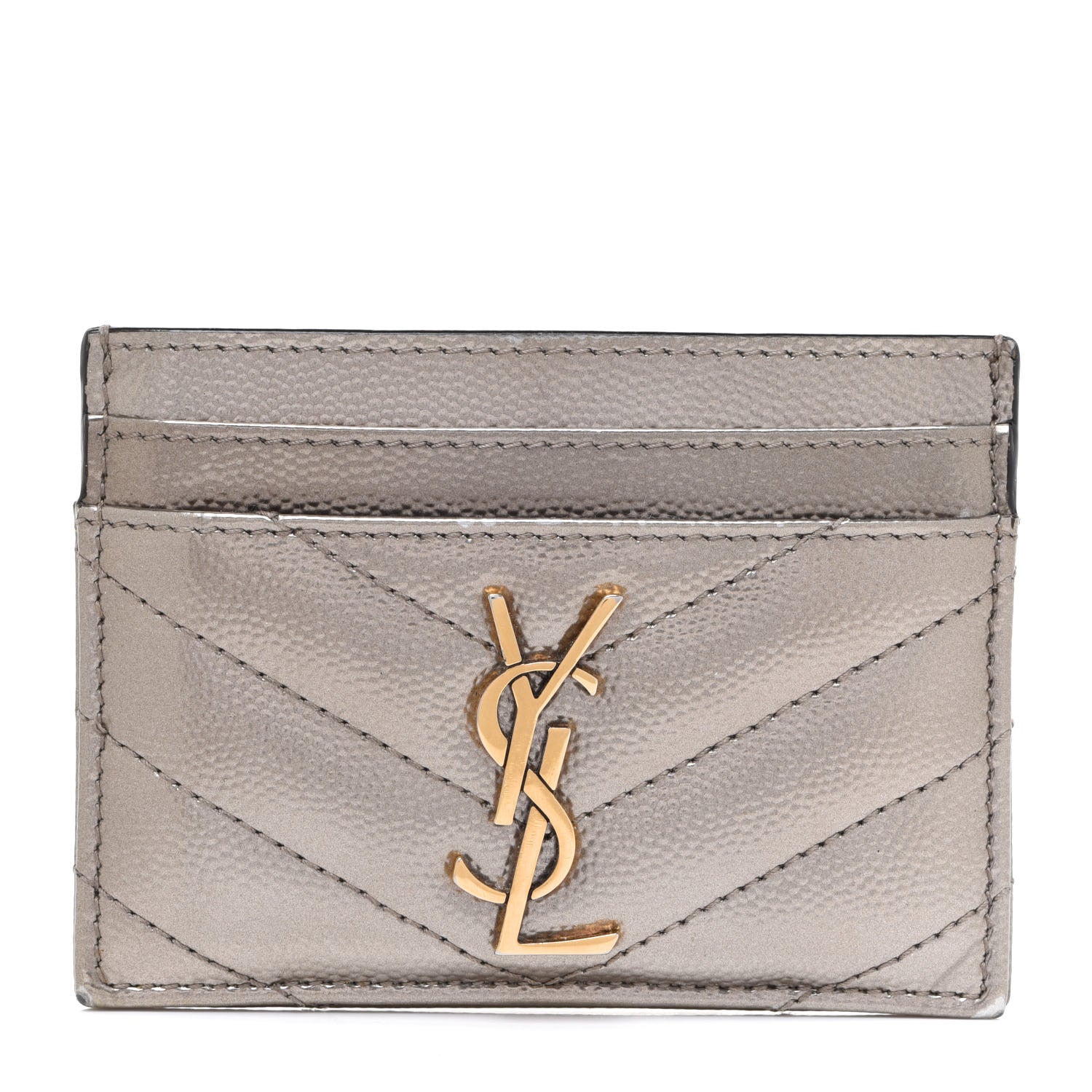 Saint Laurent Metallic Grain De Poudre Matelasse Chevron Monogram Credit Card Case Pimbo 1 of 11