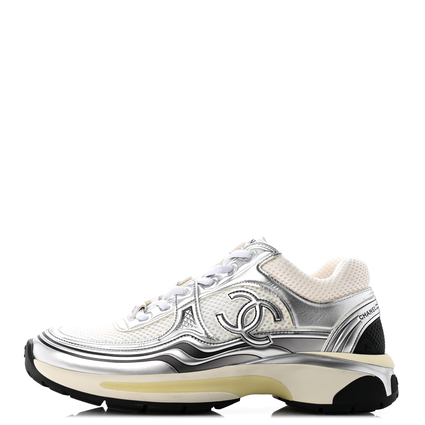 Fabric Laminated Calfskin Stretch CC Womens Sneakers 38 White Silver
