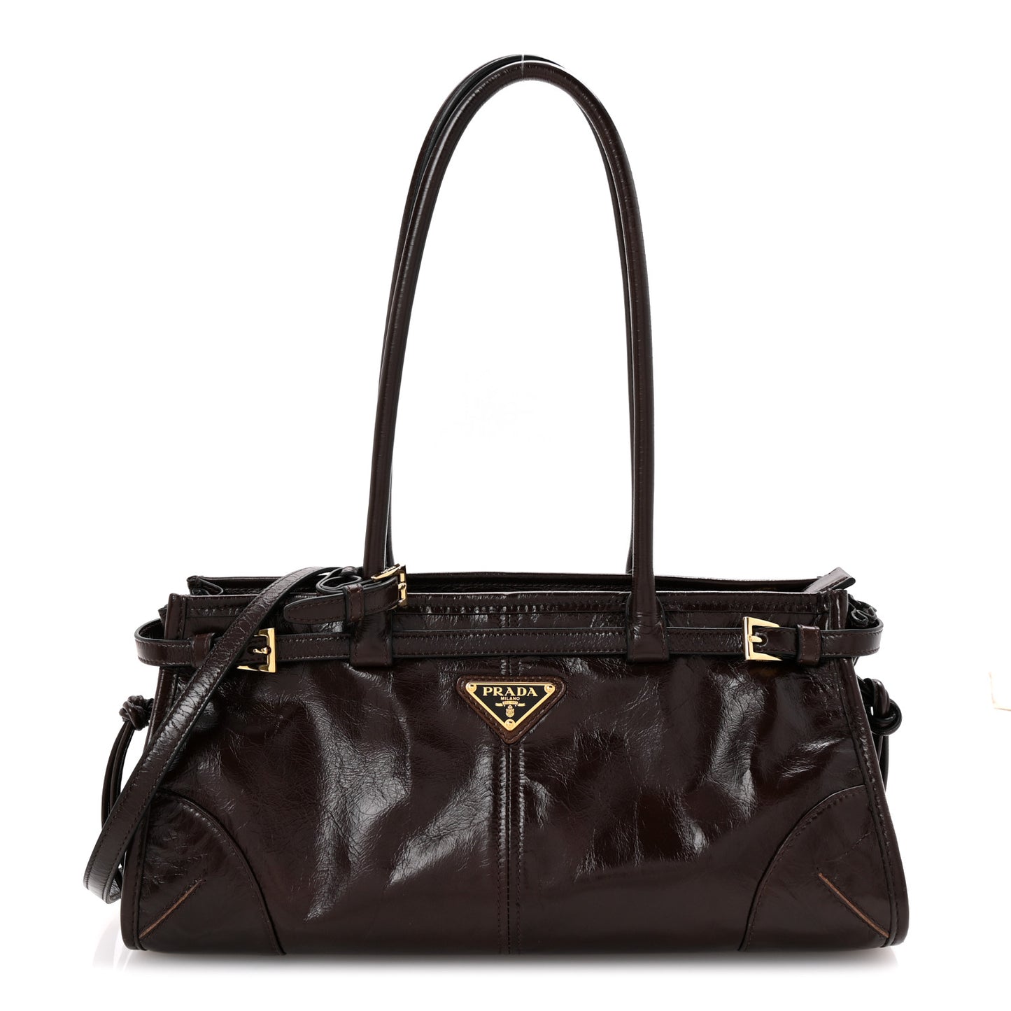 Glossy Calfskin Triangle Medium Bonnie Shoulder Bag Dark Brown