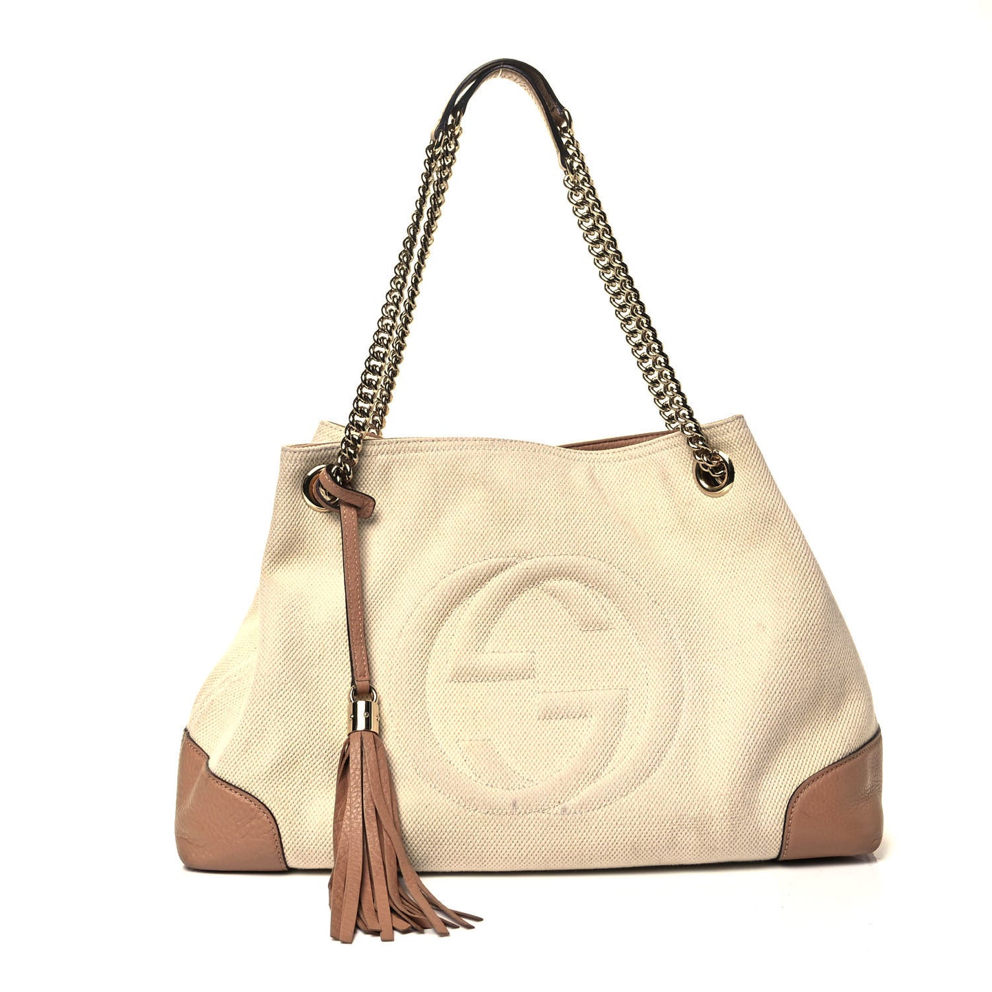 Linen Canvas Pebbled Calfskin Medium Soho Chain Shoulder Bag White Camelia