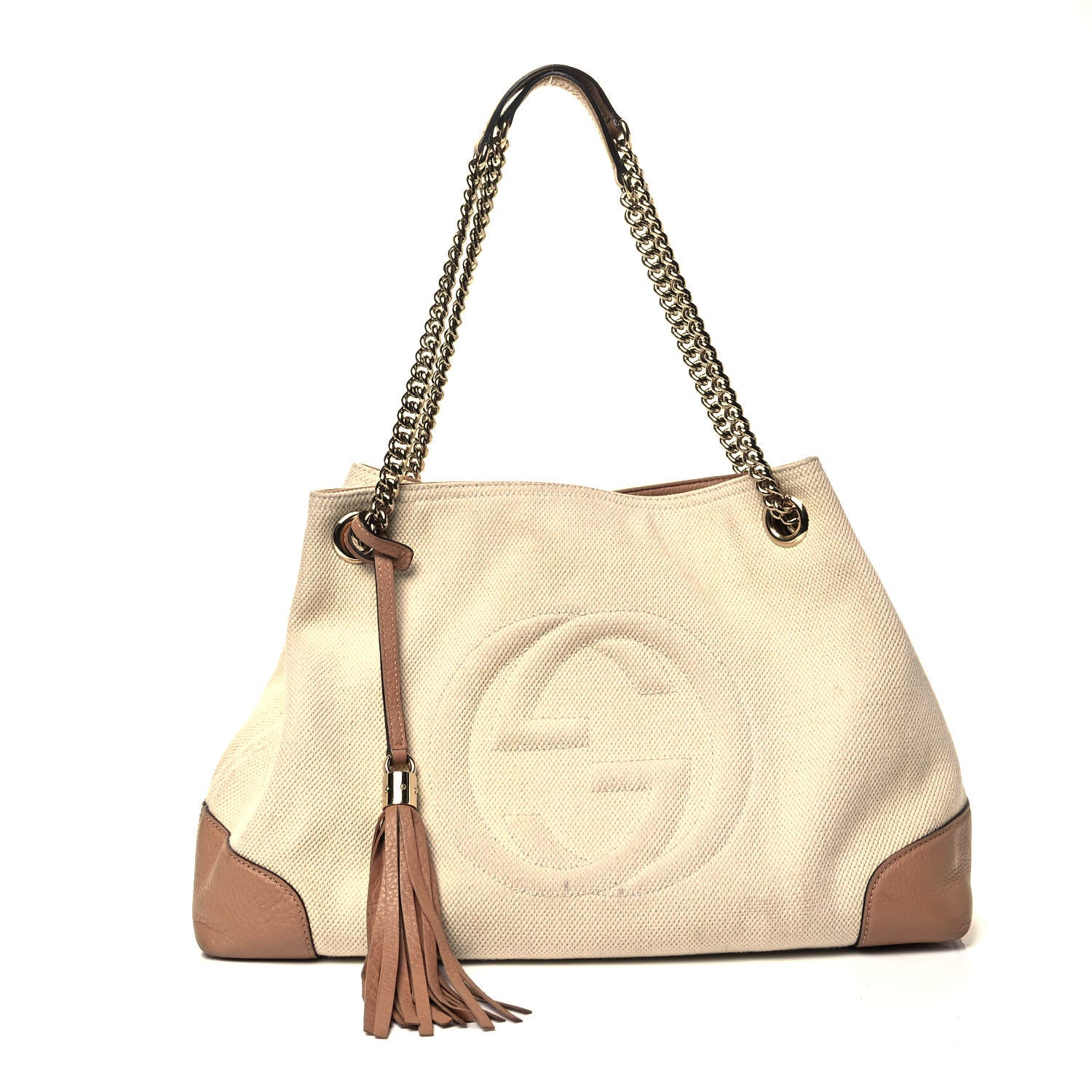 Gucci Linen Canvas Pebbled Calfskin Medium Soho Chain Shoulder Bag White Camelia 1 of 10