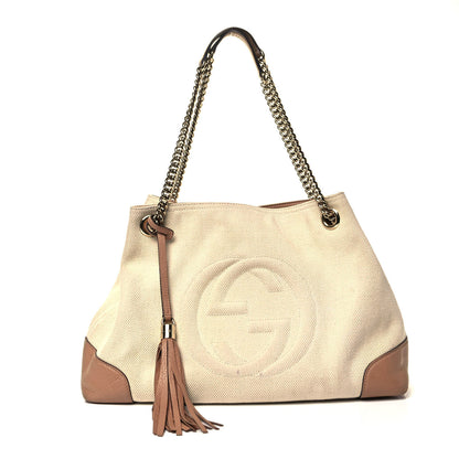 Gucci Linen Canvas Pebbled Calfskin Medium Soho Chain Shoulder Bag White Camelia 1 of 10