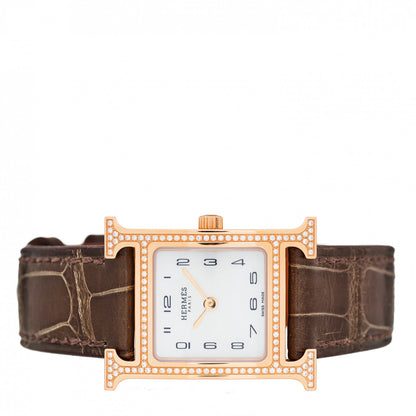 Hermes 18K Rose Gold Alligator Diamond Bezel Mother of Pearl 21mm Heure H Hour Quartz Watch Gris Elephant 2 of 5