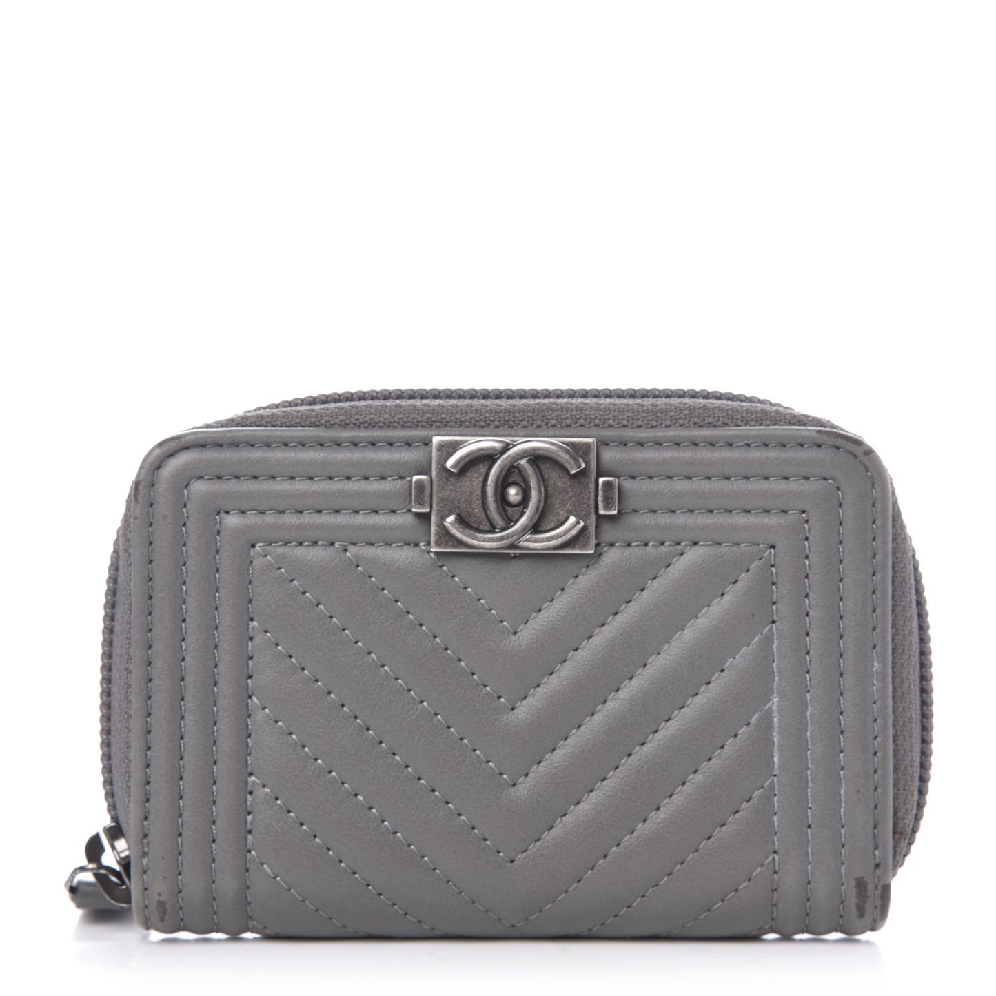 Calfskin Chevron Quilted Boy Zip Around Coin Purse Wallet Grey