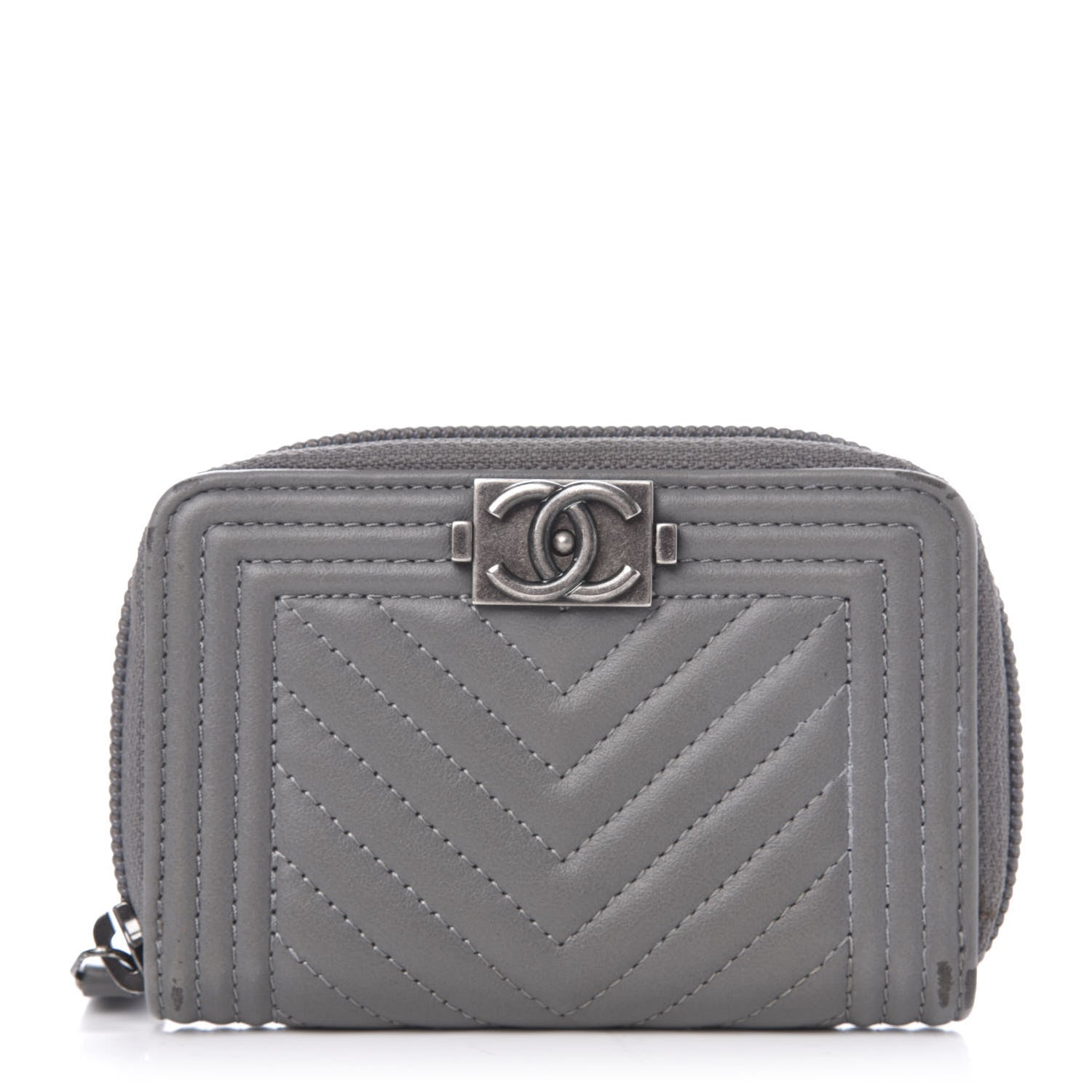 Chanel Calfskin Chevron Quilted Boy Zip Around Coin Purse Wallet Grey 1 of 8