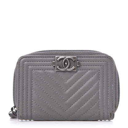 Chanel Calfskin Chevron Quilted Boy Zip Around Coin Purse Wallet Grey 1 of 8