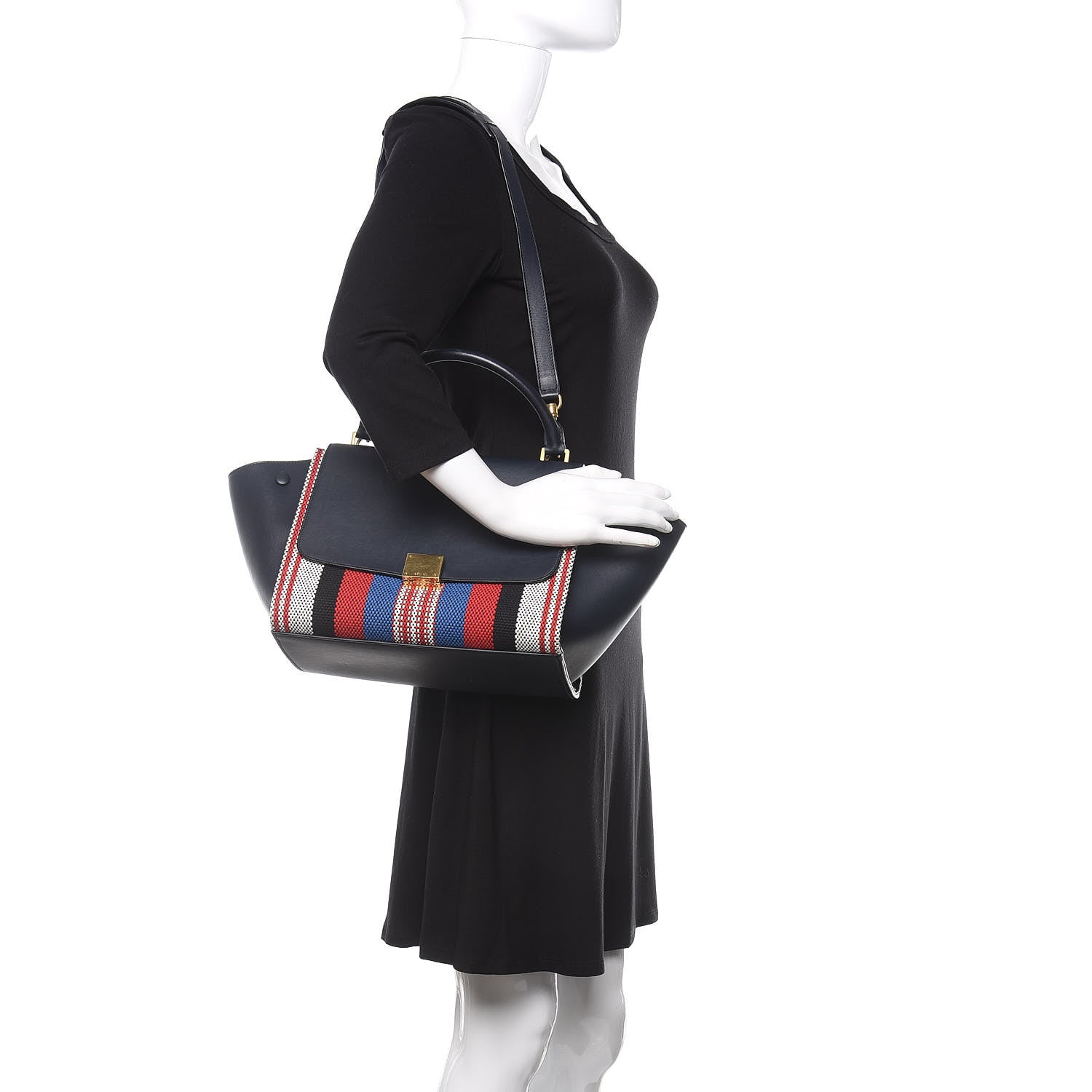 Celine Smooth Calfskin Textile Striped Medium Trapeze Navy Blue 2 of 17