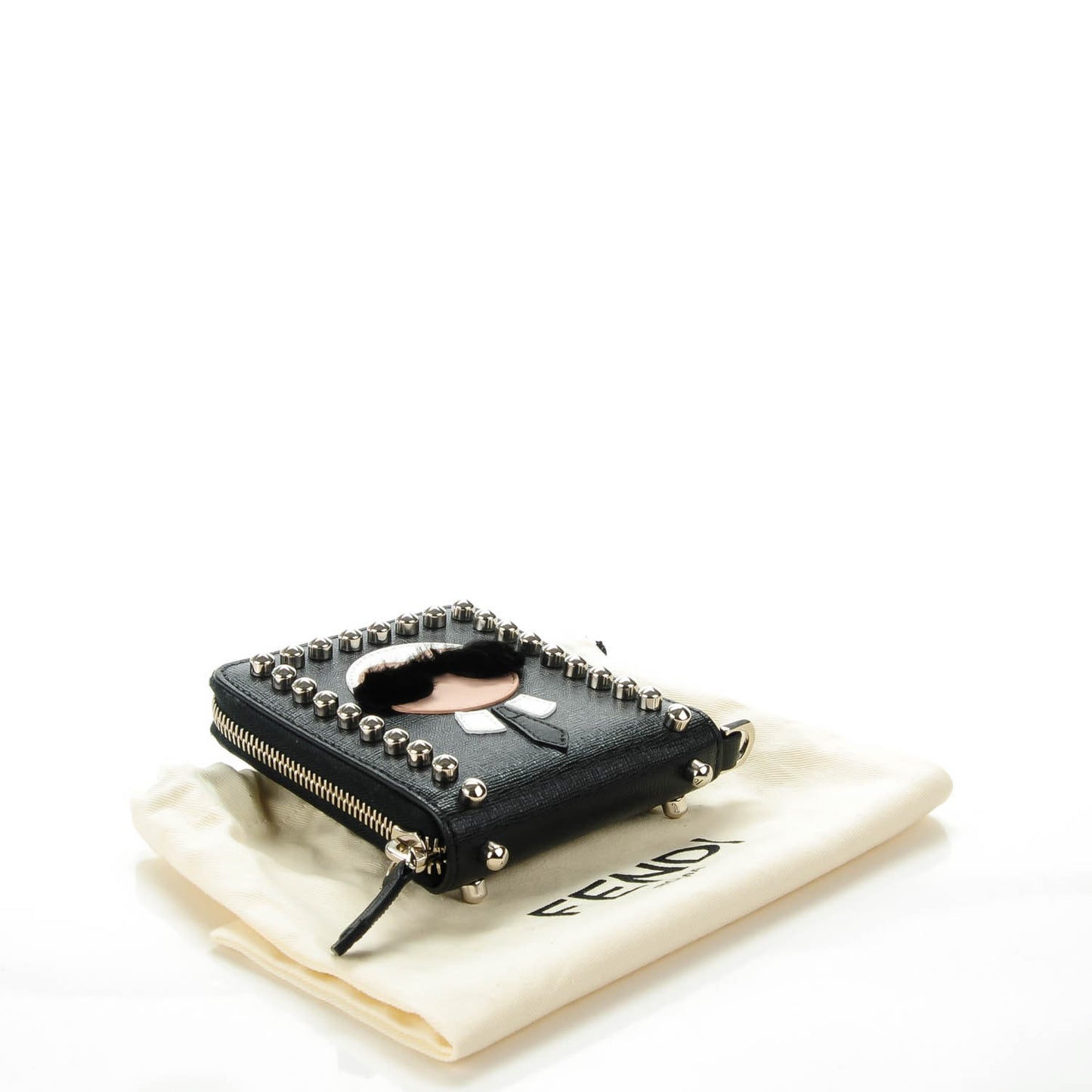 Vitello Elite Flamingo Mink Karlito Studded Zip Around Chain Wallet Black White Plaster