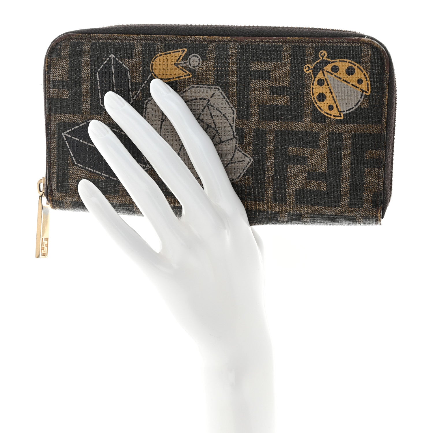 Fendi Zucca Spalmati Vitello Elite Rose Ladybug Zip Around Wallet Tobacco Yellow 2 of 18