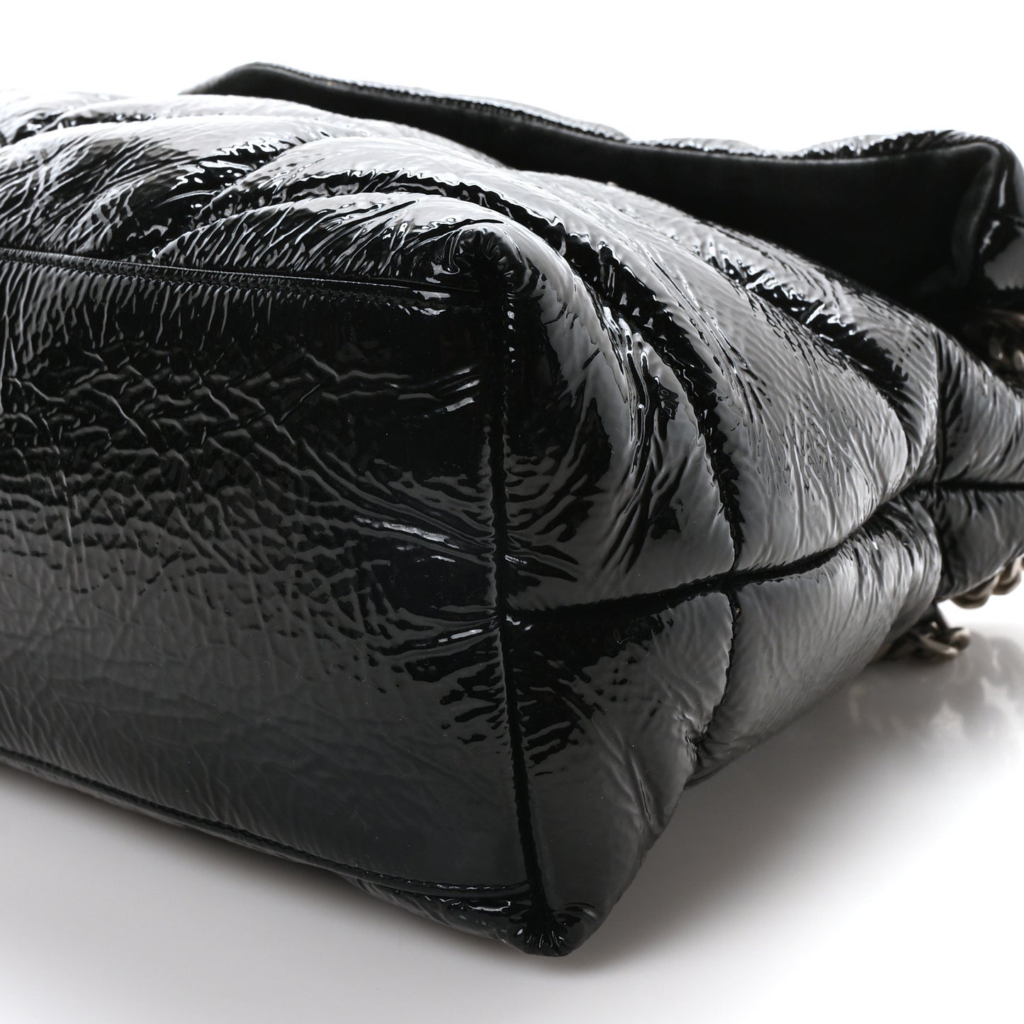 Patent Lambskin Quilted Medium Loulou Puffer Monogram Chain Satchel Black