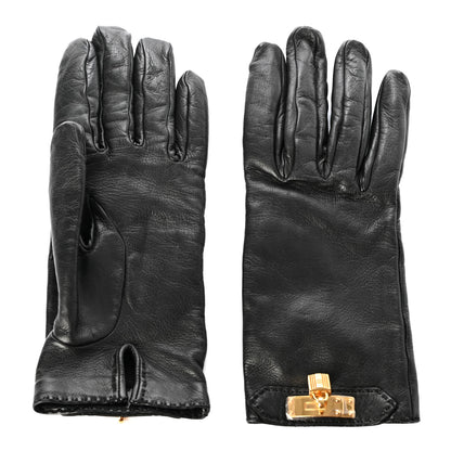 Hermes Lambskin Soya Kelly Lock Gloves 7 Black 1 of 6