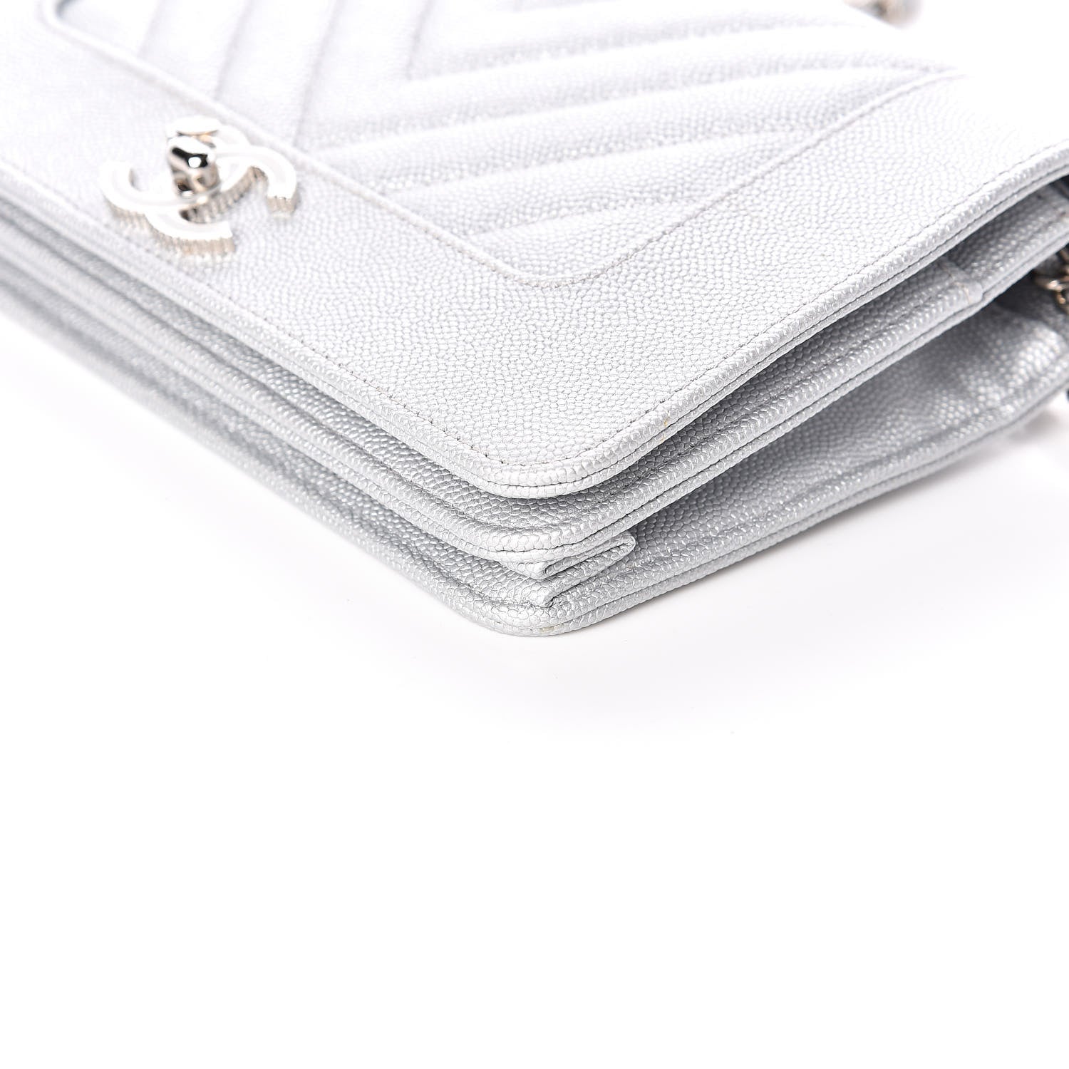 Chanel Metallic Caviar Chevron Quilted Vintage Mademoiselle Wallet On Chain WOC Silver 10 of 12