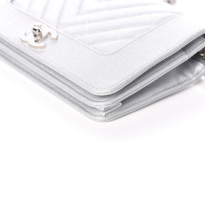 Chanel Metallic Caviar Chevron Quilted Vintage Mademoiselle Wallet On Chain WOC Silver 10 of 12