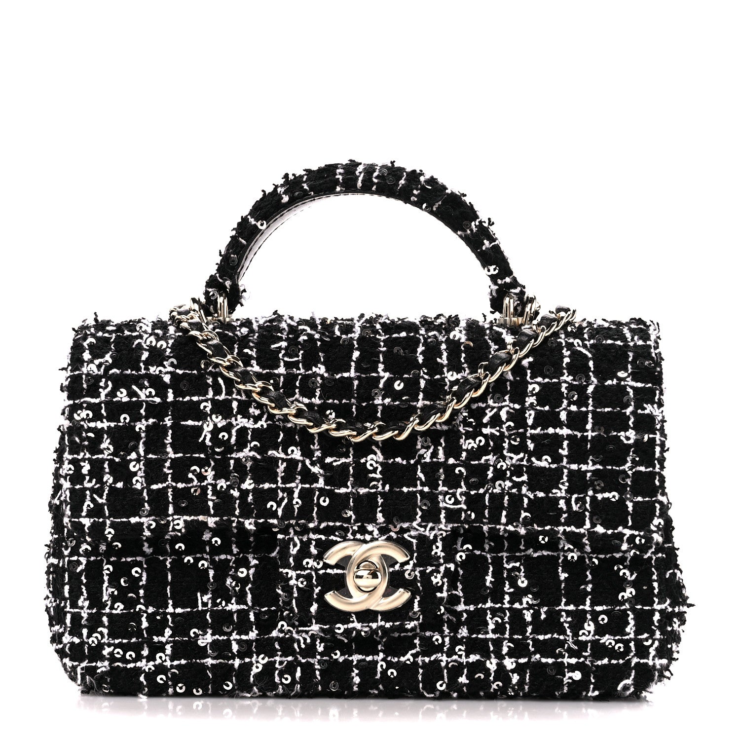 Chanel Tweed Quilted Mini Top Handle Rectangular Flap Black White 1 of 13