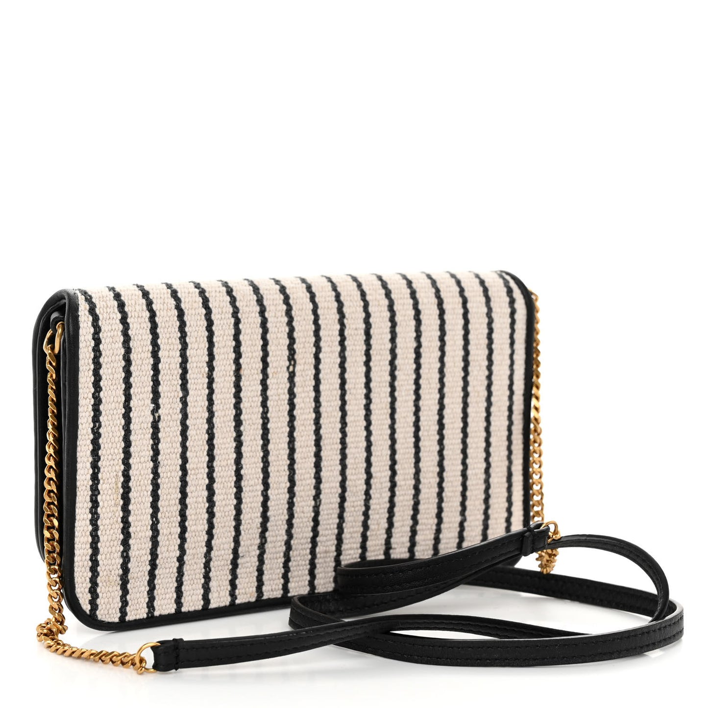 SAINT LAURENT Canvas Striped Phone Holder Crossbody Beige Black